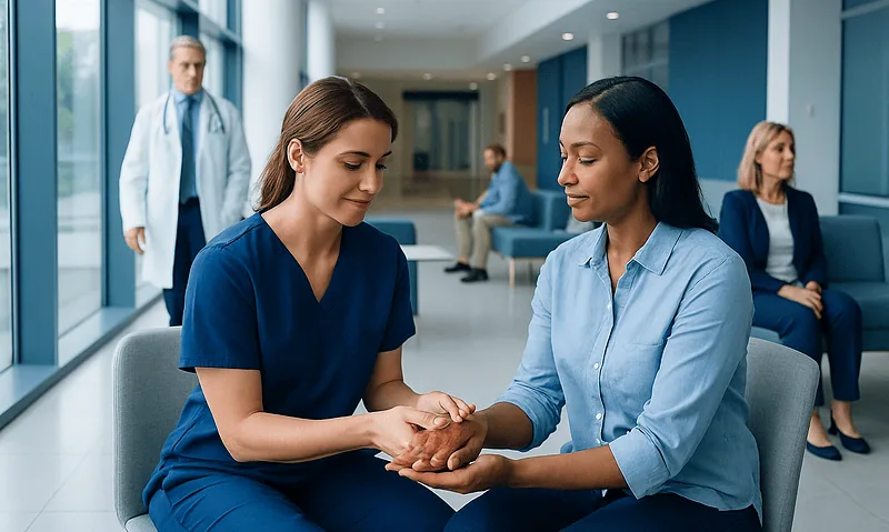 Healthcare professionals discussing hand reflexology in a hospital setting.