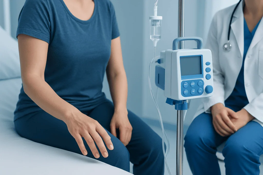 Patient receiving medical consultation in hospital setting with monitoring equipment.