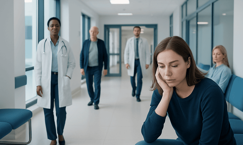 Young woman experiencing anxiety in a hospital corridor with medical staff nearby.