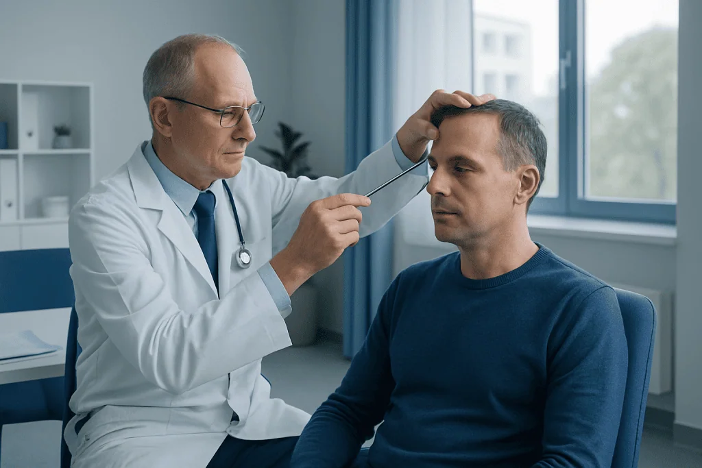 Doctor examining a patient's ear in a modern clinic setting.