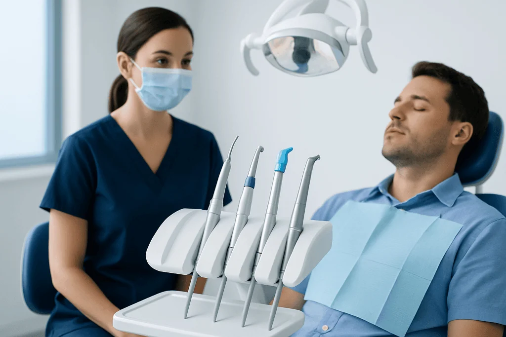 Dentist and patient in a dental clinic with dental tools and equipment.