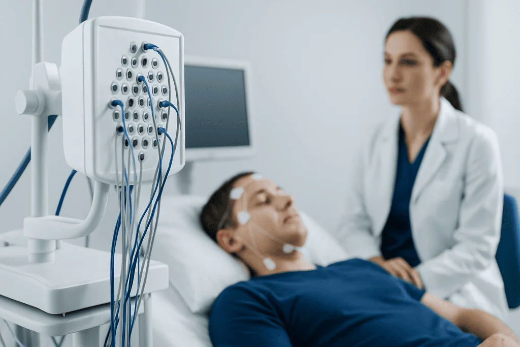 Patient undergoing a sleep study at Acibadem Hospitals Group for neurology assessment.