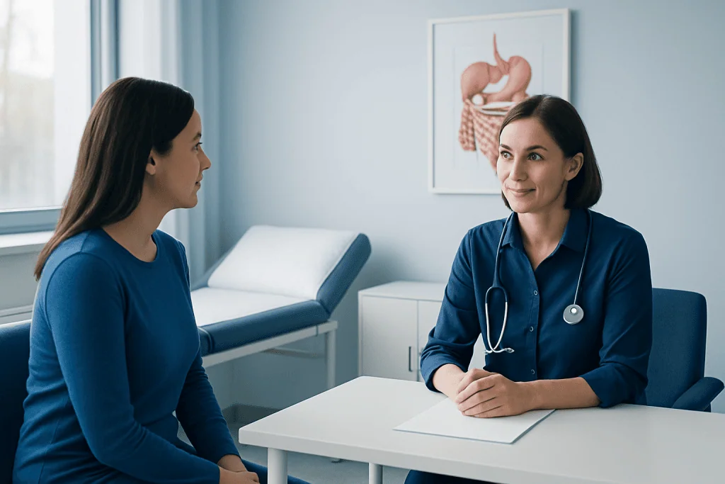 Doctor consulting patient in a gastroenterology clinic with stomach diagram on the wall.