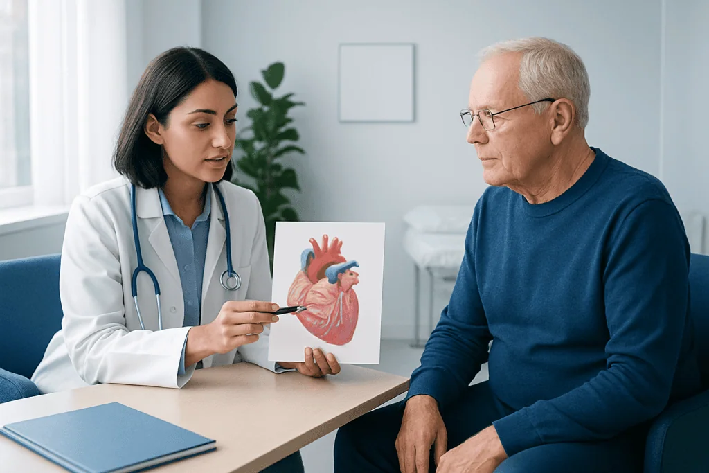 Cardiologist explaining heart anatomy to an elderly patient in a clinic.