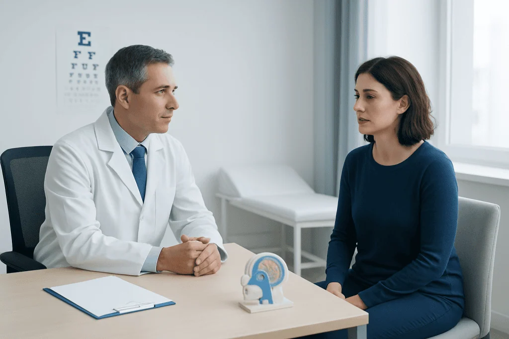 Doctor consulting with a patient about dizziness tests at Acibadem Hospital.