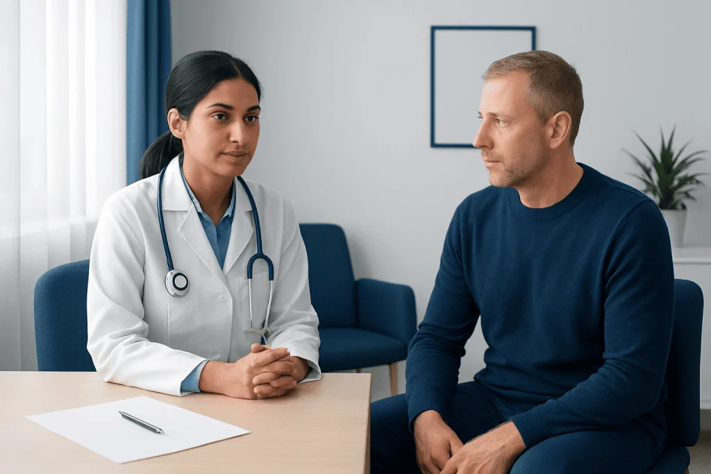 Doctor consulting with male patient in a modern clinic setting.