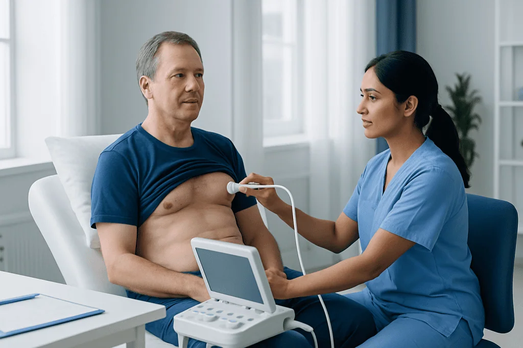 Patient undergoing transthoracic echocardiogram at a hospital.