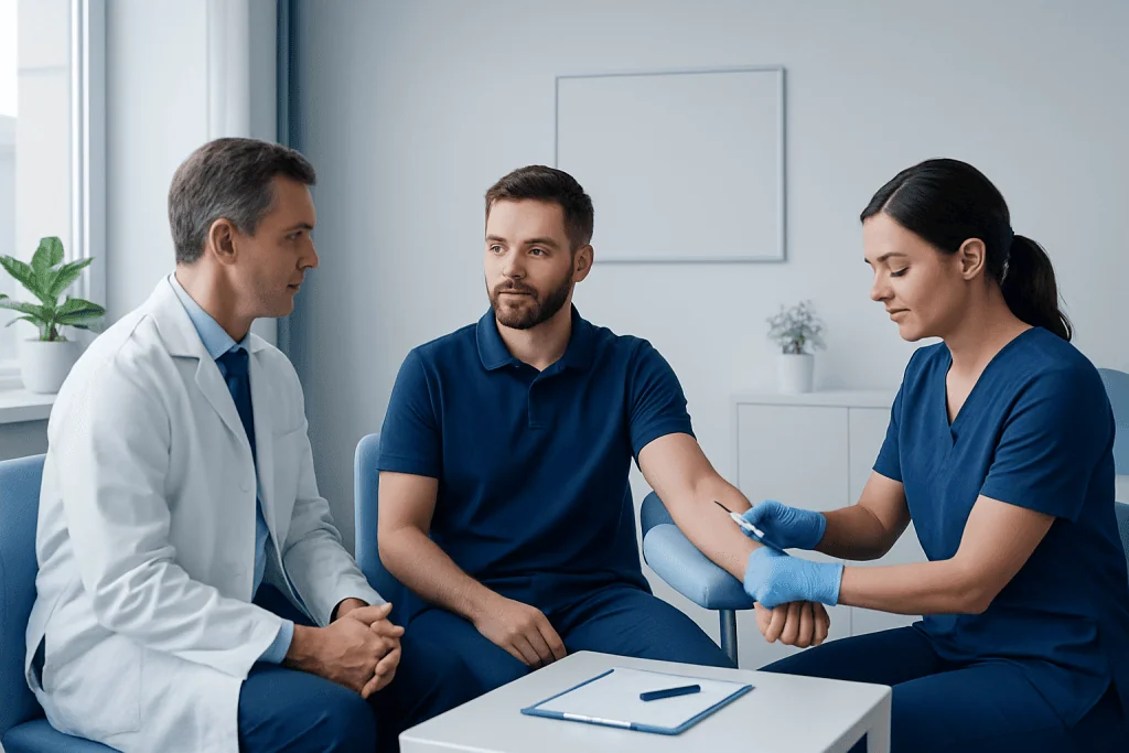 Medical professional drawing blood from a patient in a clinical setting.