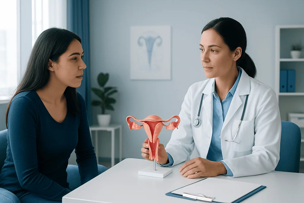Gynecologist explaining uterine health to a patient in a medical consultation room.