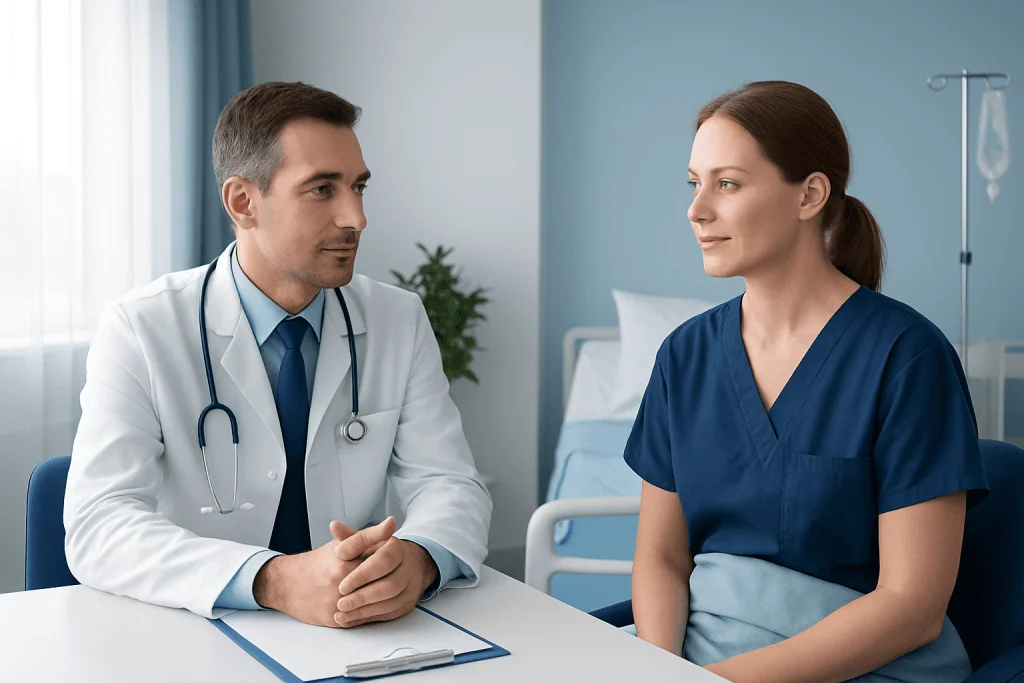 Doctor consulting with a female patient in a hospital room.