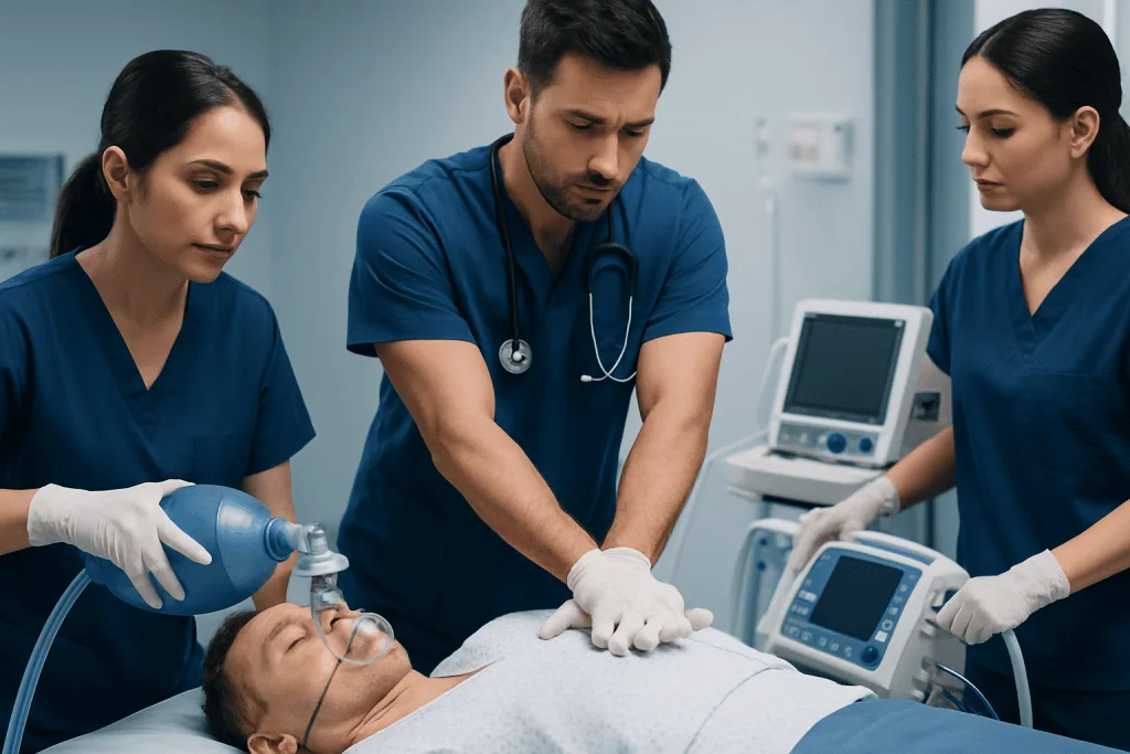 Medical team performing emergency procedure on patient in hospital.