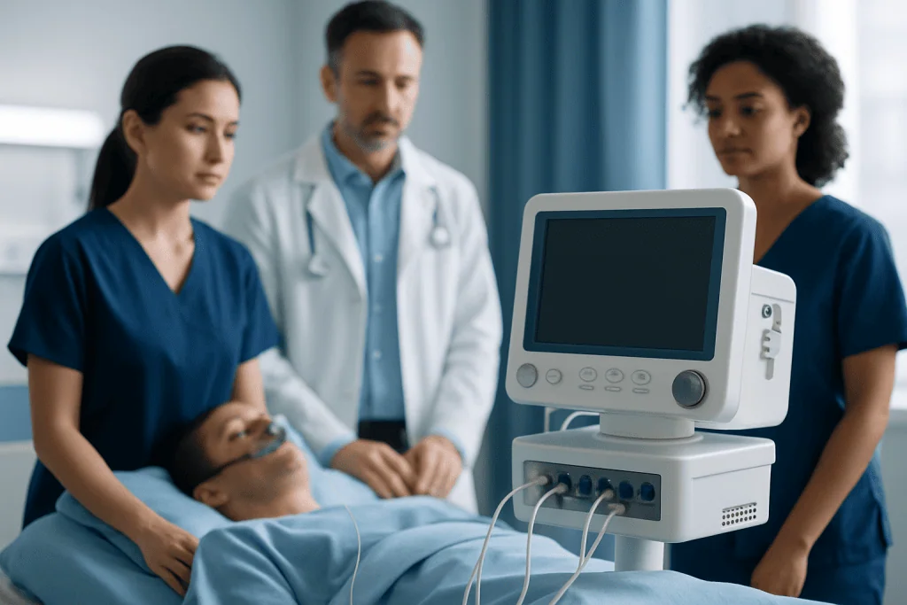 Medical team monitoring patient with advanced equipment in hospital.