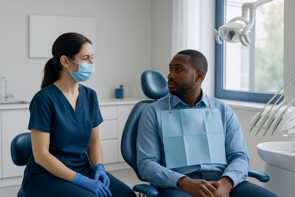 Dentist consulting with patient in dental clinic at Acibadem Hospitals Group.