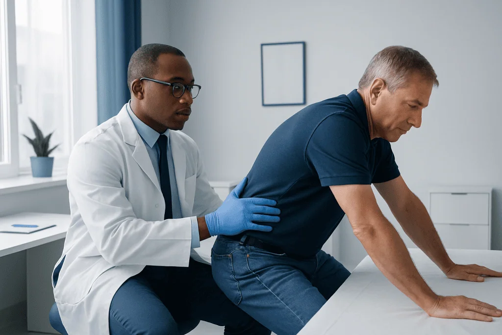 Doctor performing a prostate exam on a patient in a clinical setting.