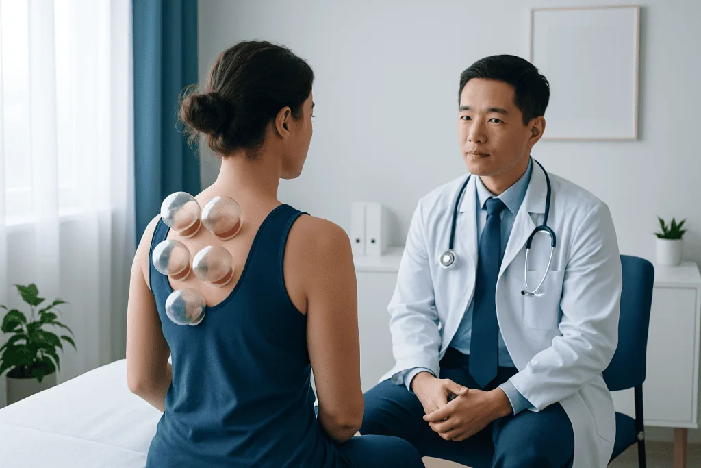 Doctor consulting a patient with breast implants in a medical office.