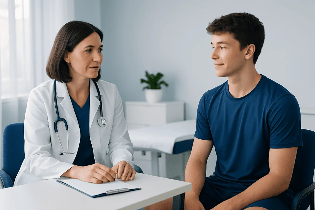 Doctor consulting with a young male patient in a medical office.