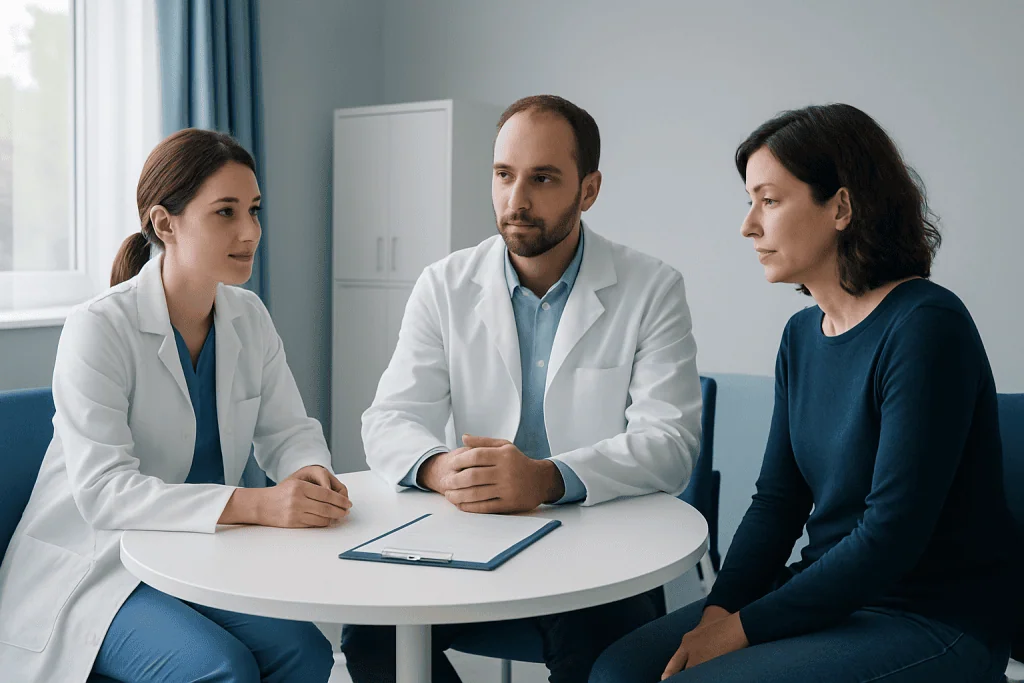 Medical consultation with doctor and patient in a clinical setting.