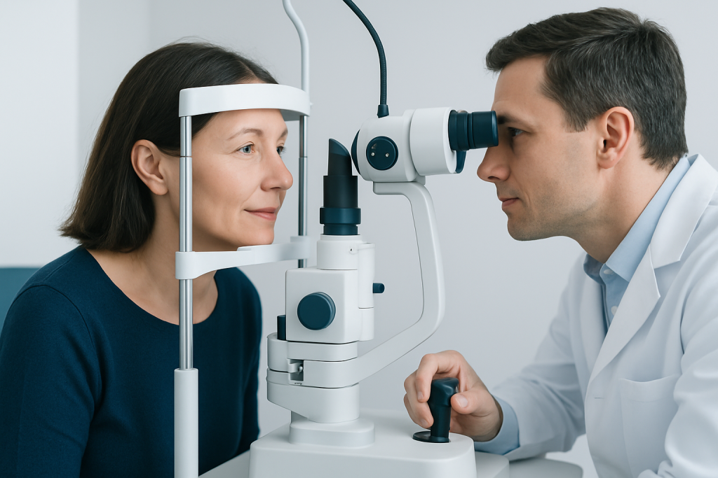 Optometrist performs eye exam using slit lamp on patient.