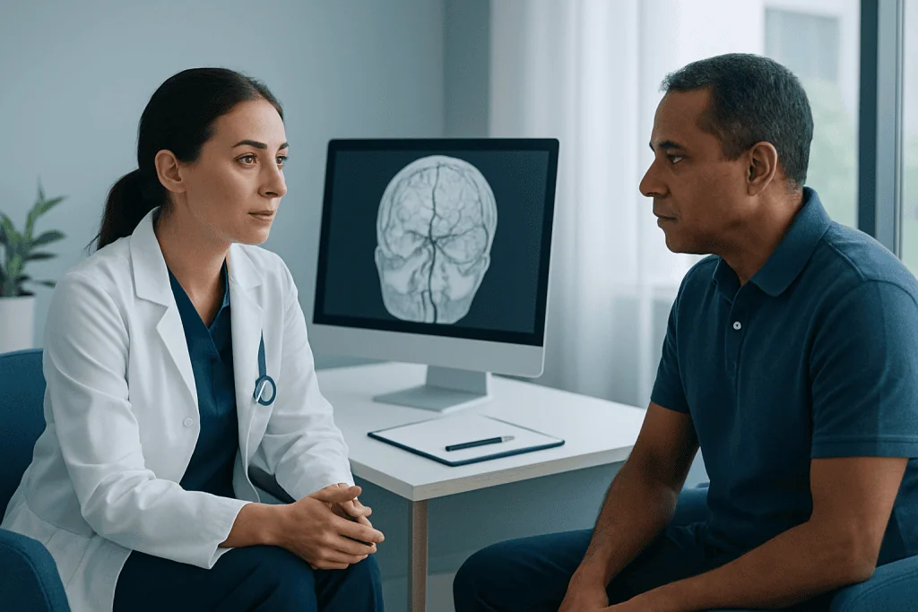 Doctor and patient discussing brain scan in a medical consultation room.