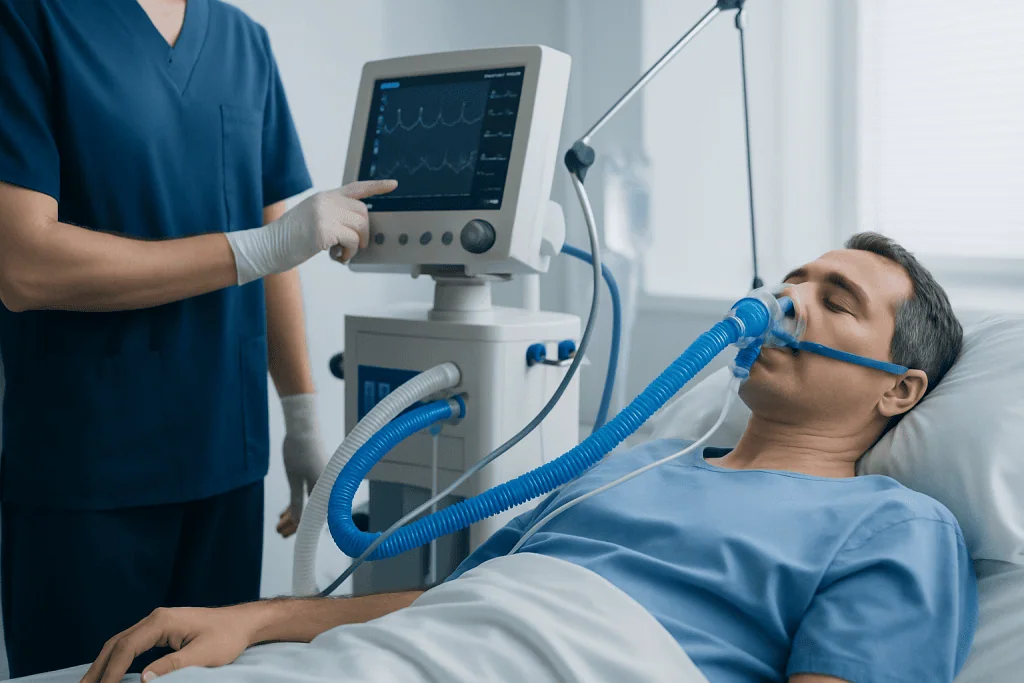 Patient on ventilator with medical staff monitoring vital signs in hospital.