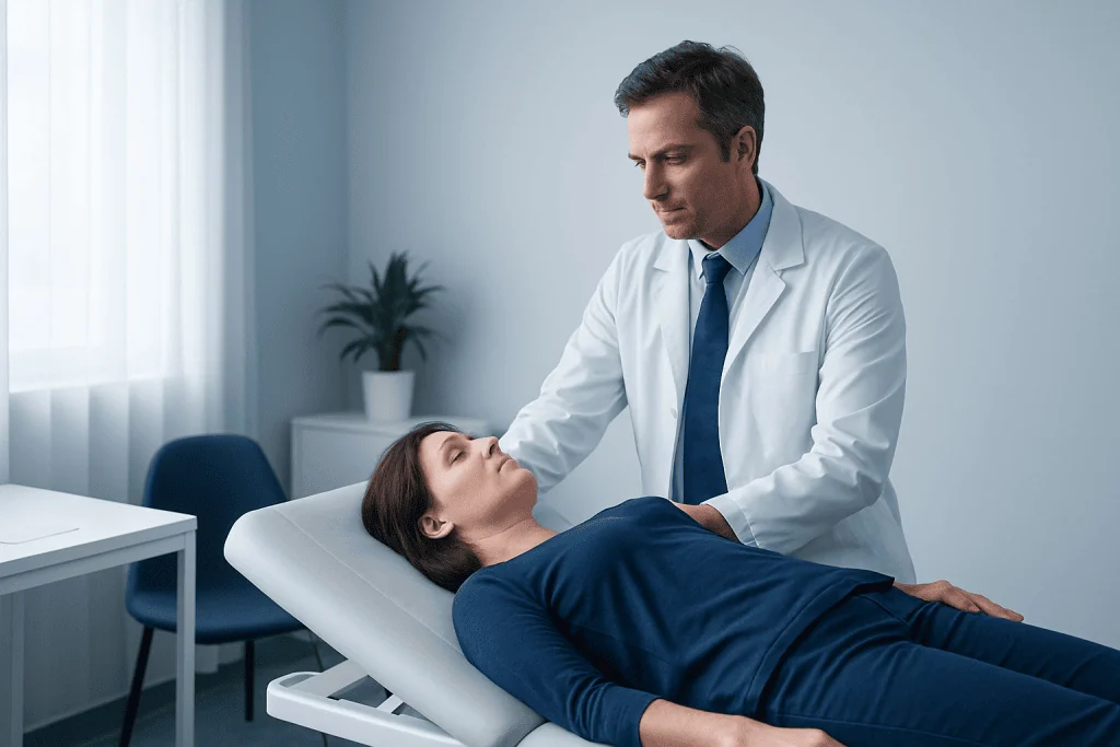 Doctor performing Dix Hallpike maneuver on patient in clinic setting.