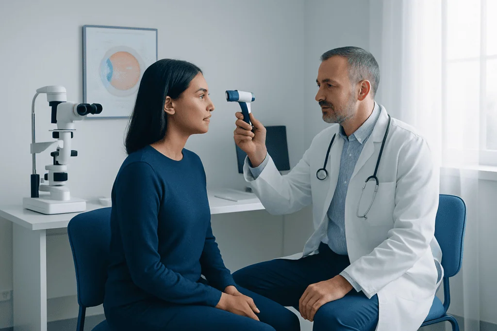 Ophthalmologist examines patient's eye with a handheld device in clinic.