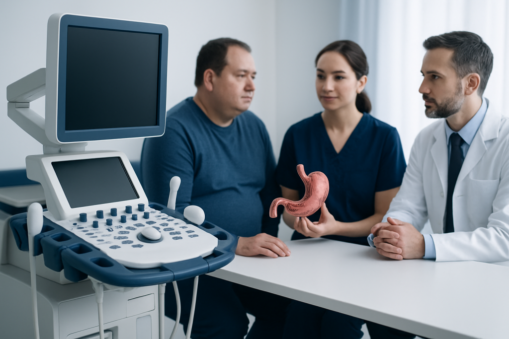 Doctor explains gastric sleeve procedure to patient with medical model.