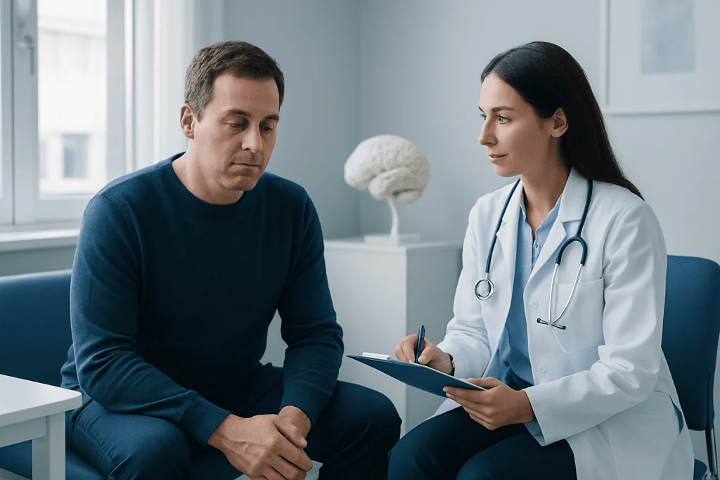 Doctor consulting with a male patient about neurological sleep evaluation.