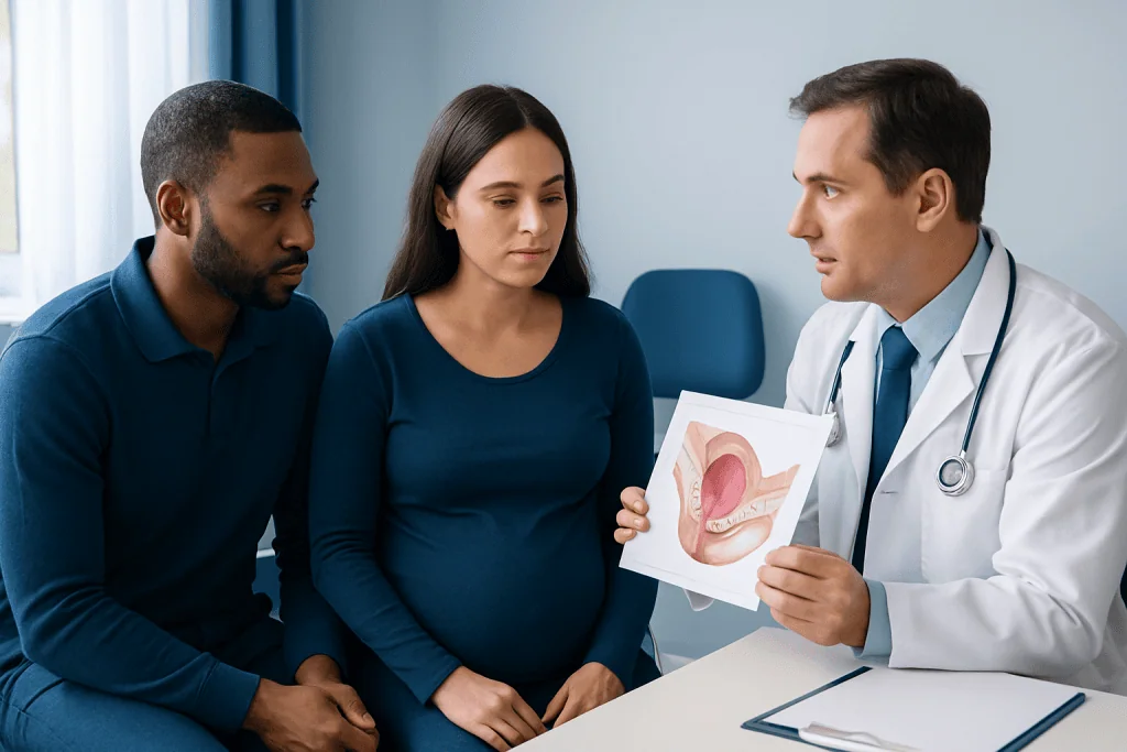 Doctor explaining episiotomy procedure to pregnant women with medical diagram.