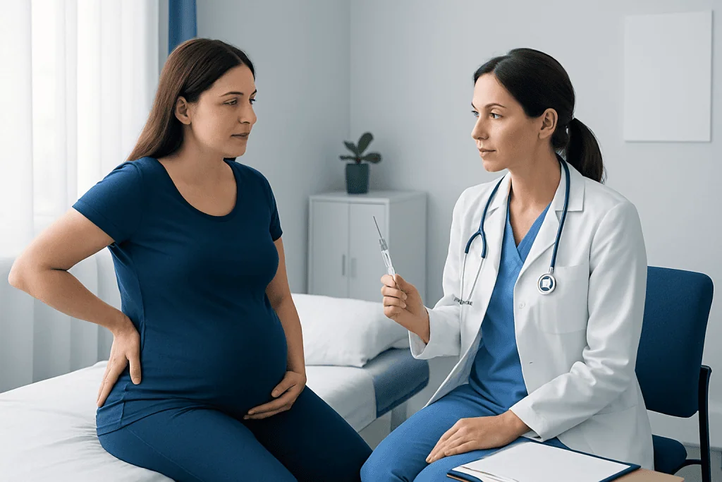Doctor explaining epidural procedure to pregnant woman in clinic setting.