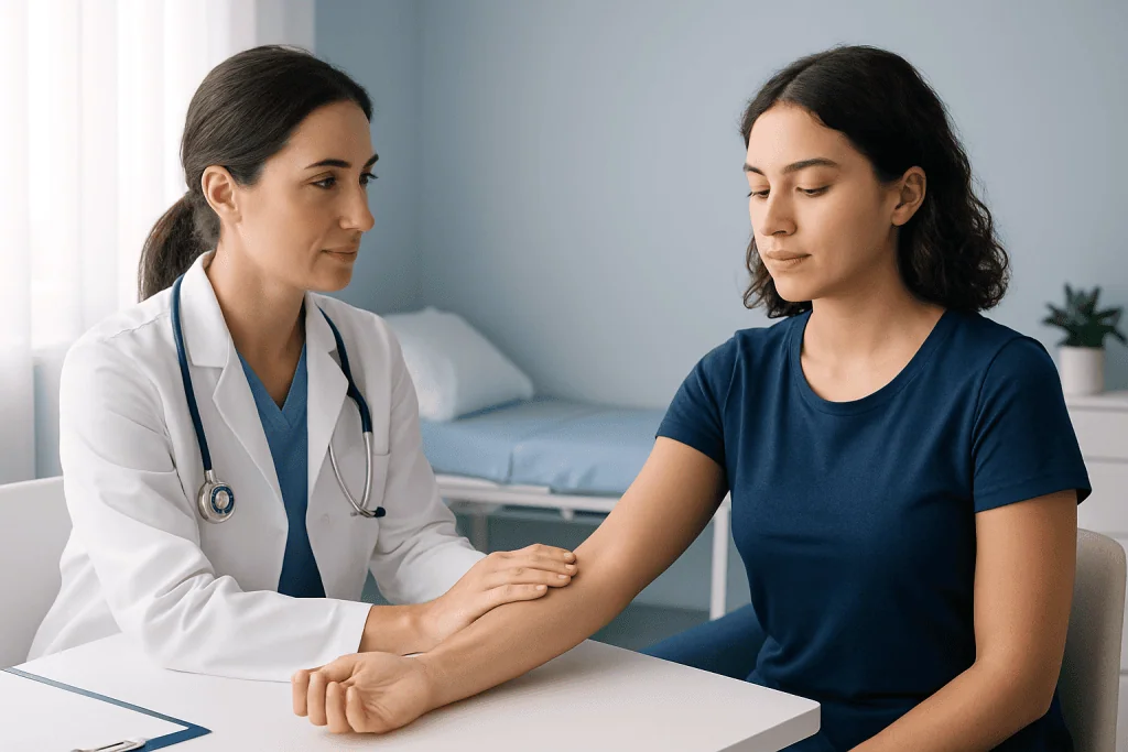 Doctor discussing arm implant birth control with patient in clinic.
