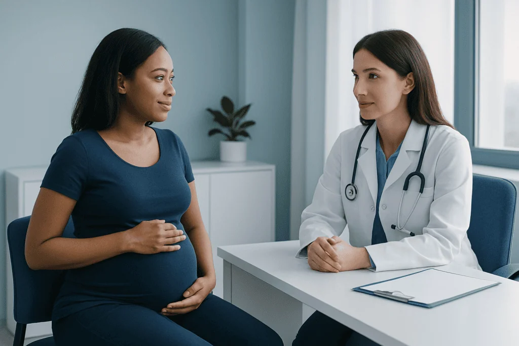 Pregnant woman consulting with a doctor in a medical office.