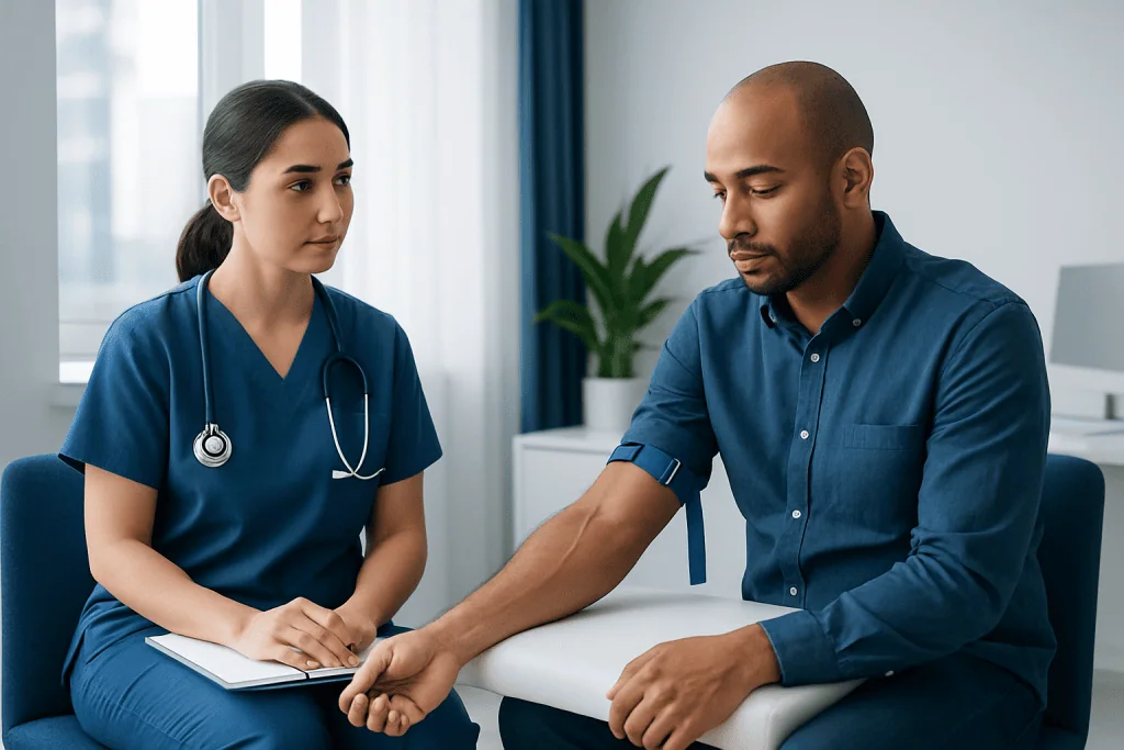 Doctor measuring patient's blood pressure in a clinical setting.