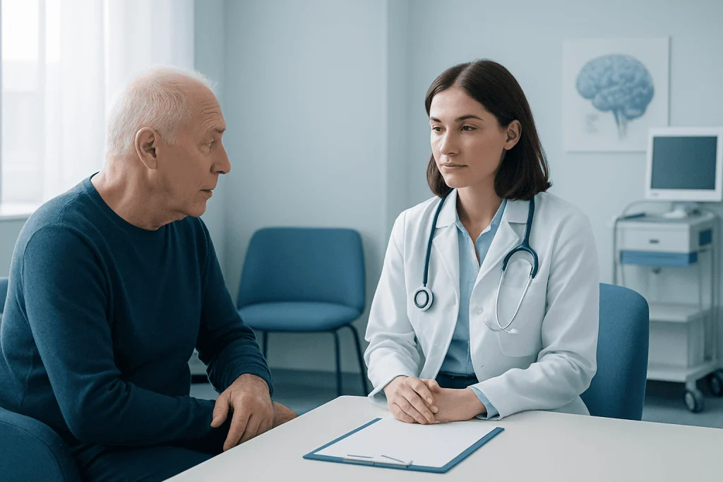 Doctor consulting with elderly patient in hospital setting.