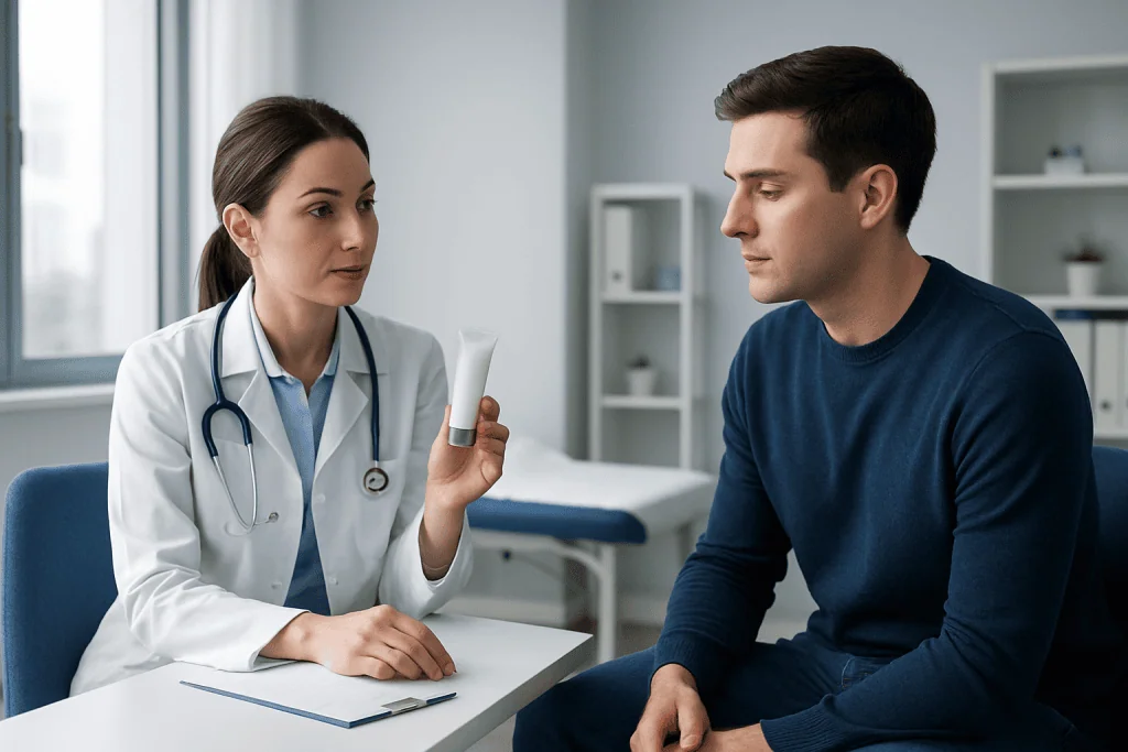 Doctor explaining toothpaste expiration to patient in clinic setting.