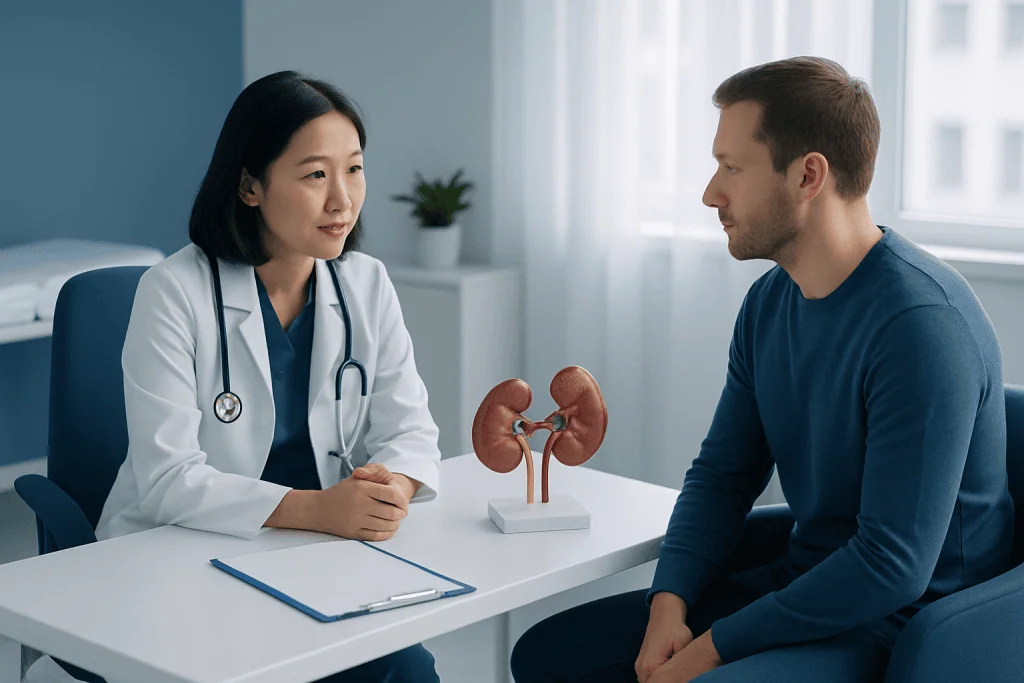 Doctor explaining kidney health to male patient in consultation room.