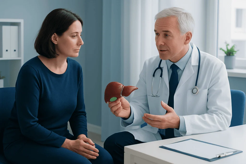 Doctor explaining liver health to a patient in a medical consultation.