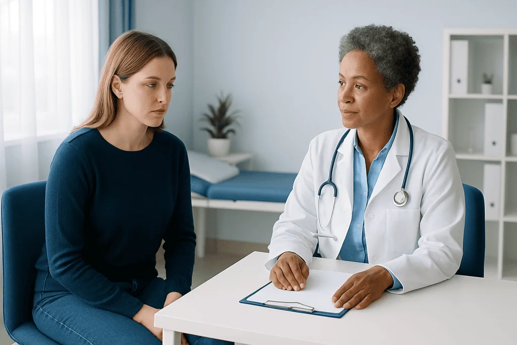 Doctor consulting with young woman in a medical office setting.
