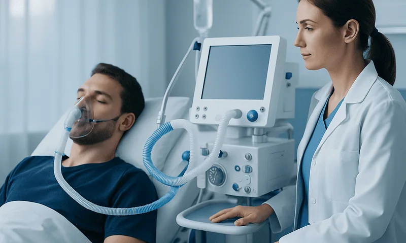 Patient on ventilator with healthcare professional monitoring in hospital.