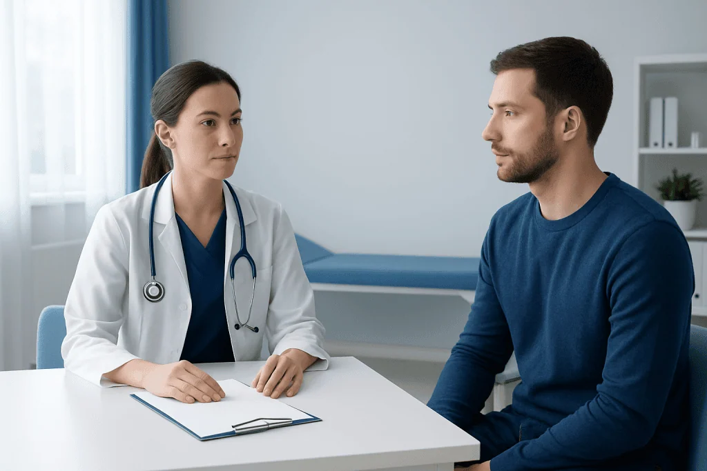 Doctor consulting with a patient in a medical office setting.