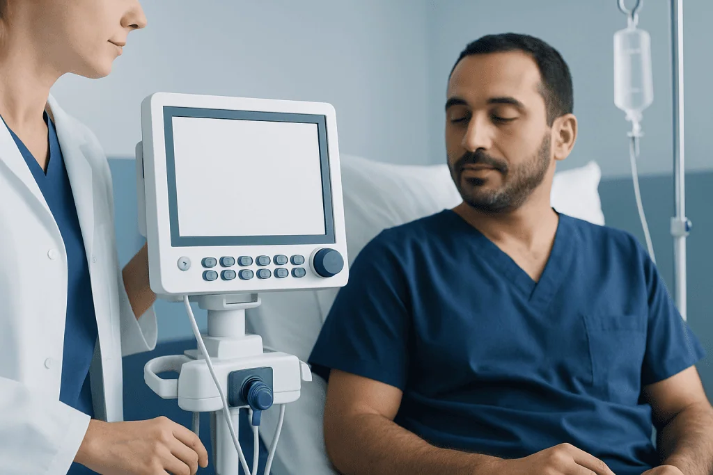 Patient in hospital bed with medical staff and monitoring equipment.