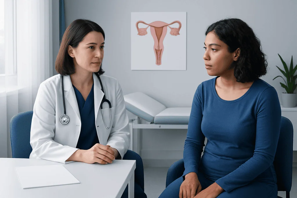 Doctor consulting a patient in a medical office with reproductive health diagram.