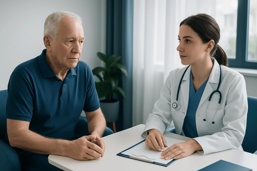 Doctor consulting with an elderly male patient in a hospital setting.
