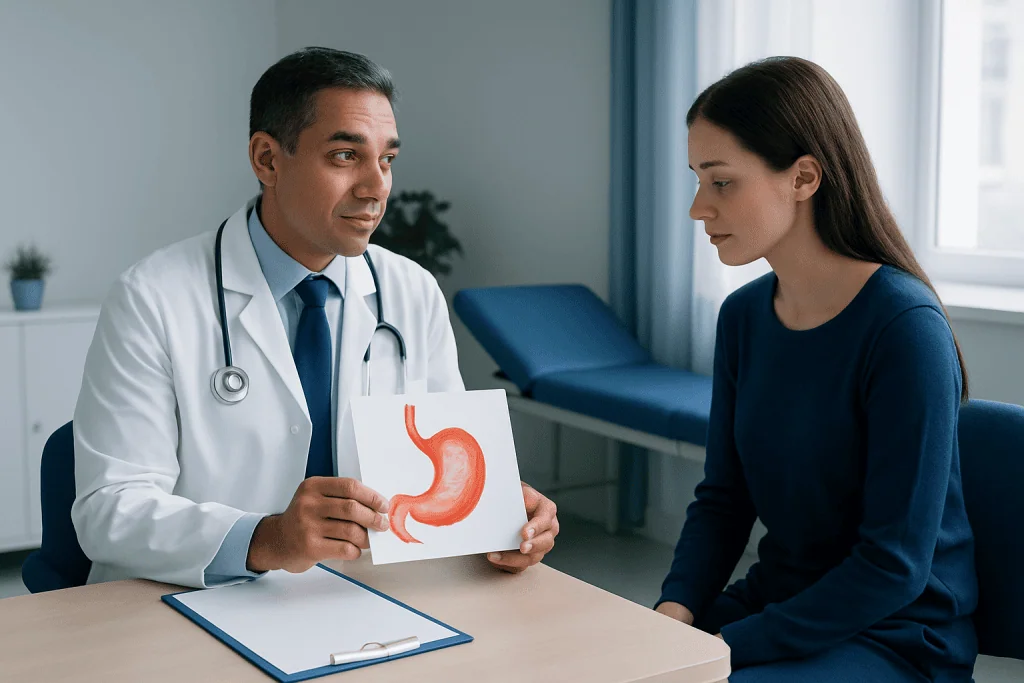 Doctor explaining stomach health to a patient with stomach diagram.