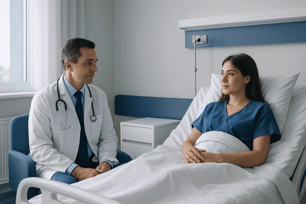 Doctor consulting with a patient in a hospital room at Acibadem Hospitals Group.