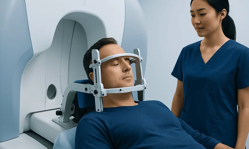 Patient undergoing brain MRI scan with medical staff nearby at Acibadem Hospital.