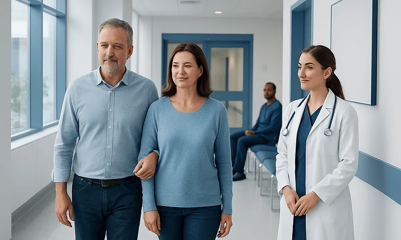 Patient walking with a companion in hospital corridor with medical staff nearby.