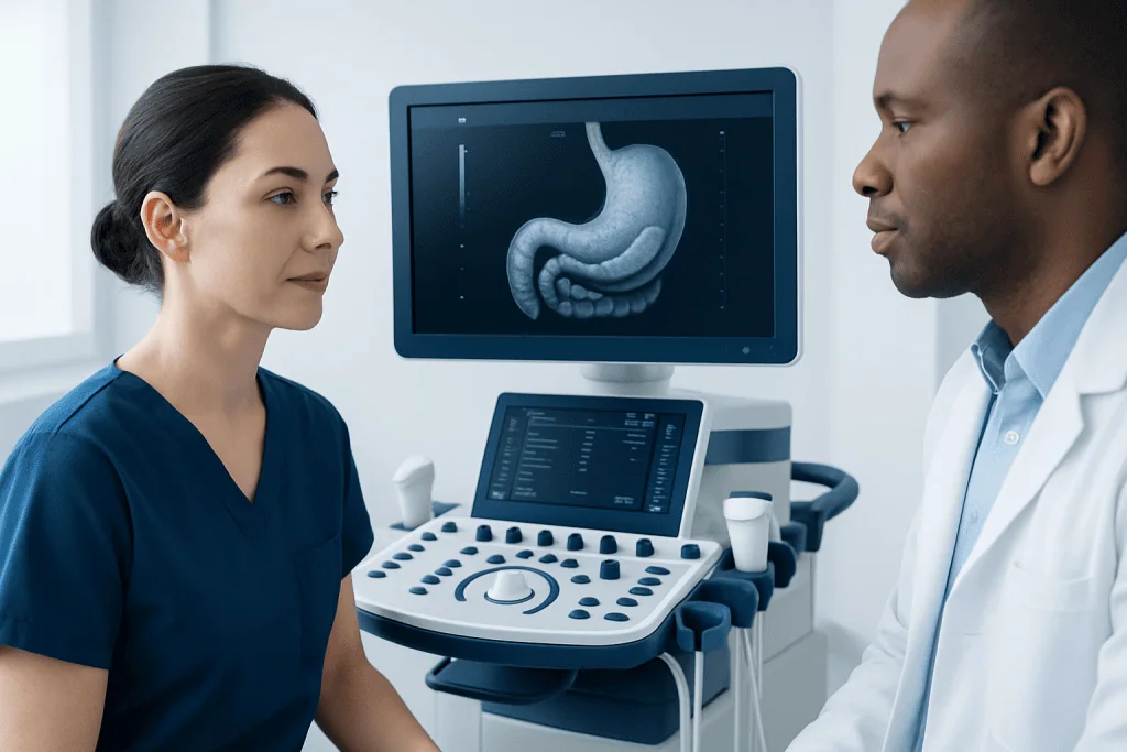 Medical professionals discussing stomach scan results in a hospital setting.