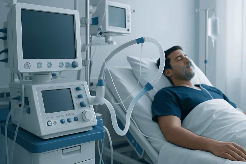 Patient on ventilator in hospital ICU at Acibadem Hospitals Group.