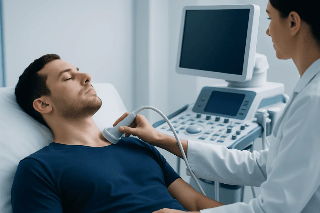Medical professional performing an ultrasound on a patient in a hospital room.